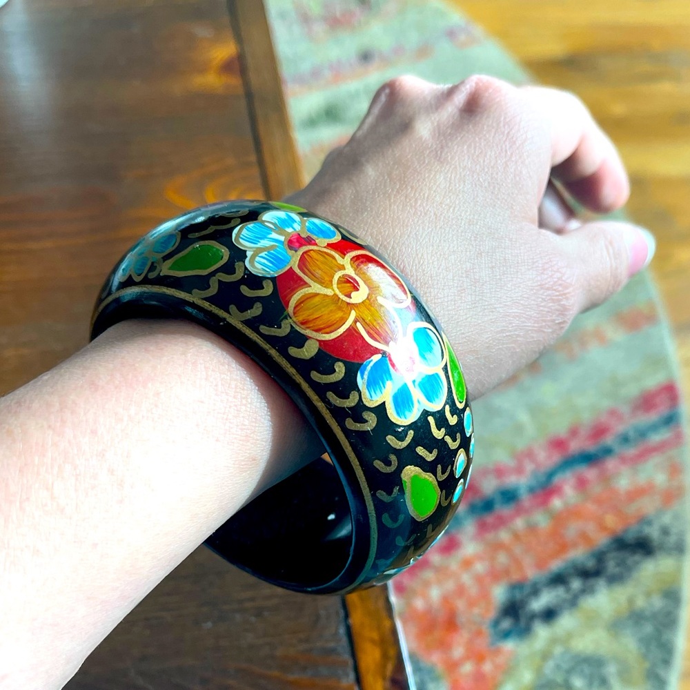Hand Crafted Wooden Floral Boho Bangle